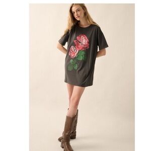 “Vintage” Faded Black Tee with Red Rose Design